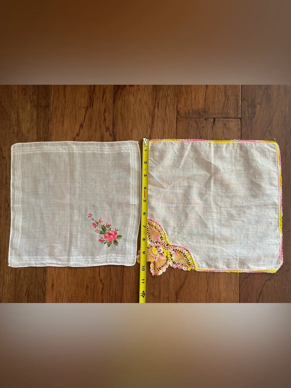 3 Vintage  Floral Embroidered and Crochet-Trim Handkerchiefs Yellow Pink & White